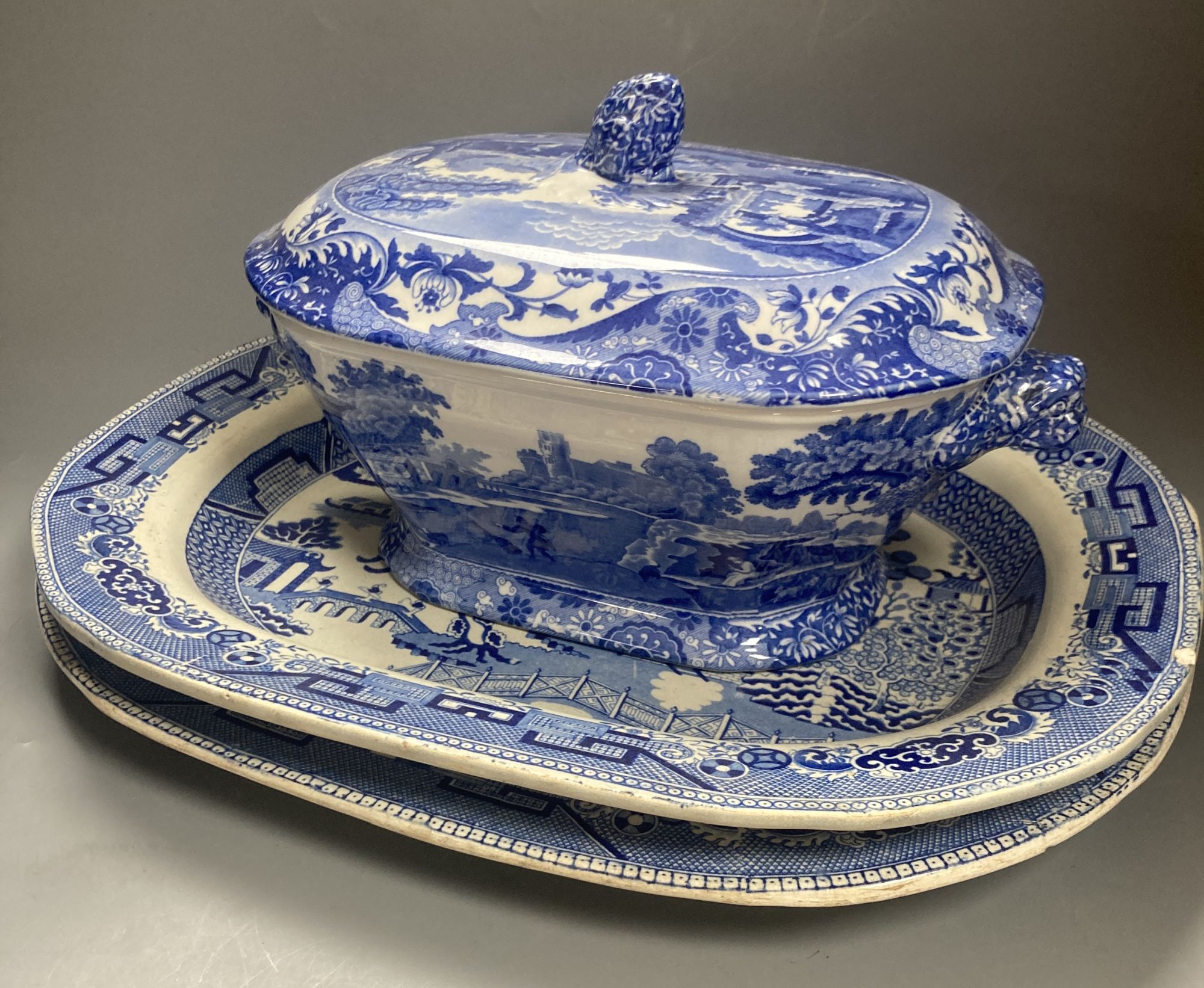 A Copeland Spode blue and white tureen and two Victorian meat platters, longest 43cm